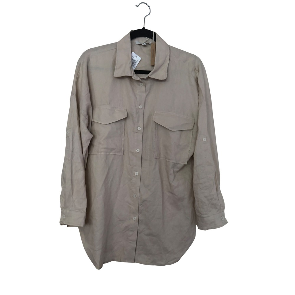Love Tree Beige Tan Button Down Shirt Linen Blend Roll Tab Sleeves Small NWT
